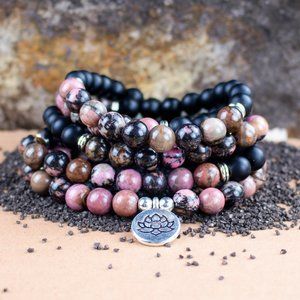 Natural Rhodonite Onyx 108 Mala Beaded Prayer Meditation Healing Chakra Bracelet